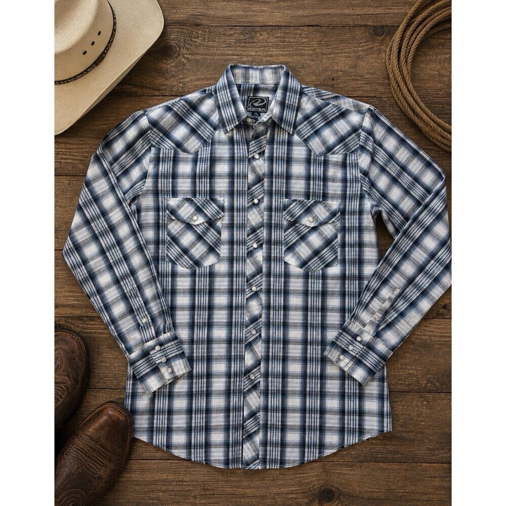 Roper Cowboy Western Pearl Snap Shirt Mens Medium Blue Plaid Rodeo Ranch